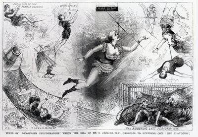 Tipos de &39;Performances Perigosas&39; que o projeto de lei do Sr. E. Jenkins, MP propõe suprimir, ilustração de &39;The Penny Illustrated Paper&39;, 12 de março de 1880 de English School